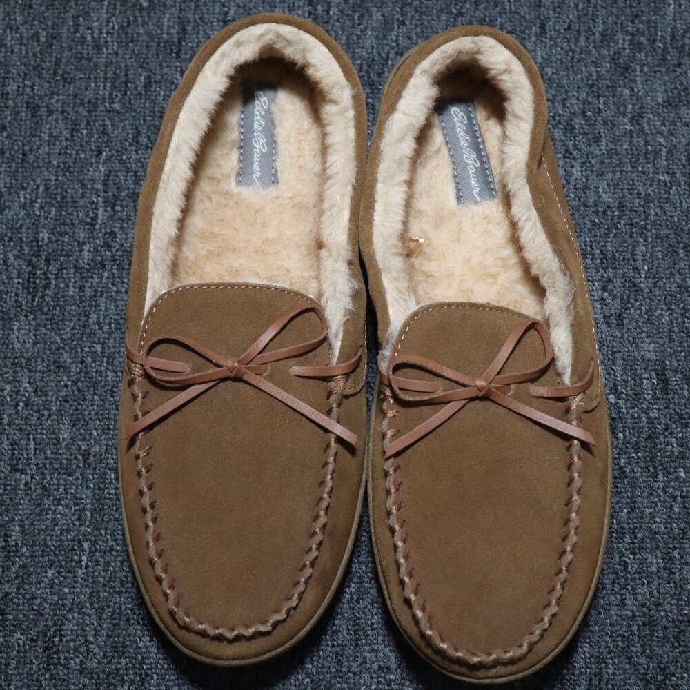 Eddie Bauer Men's Suede Fleece Lined Moccasin Slippers Brown Size L (9.5-10.5)